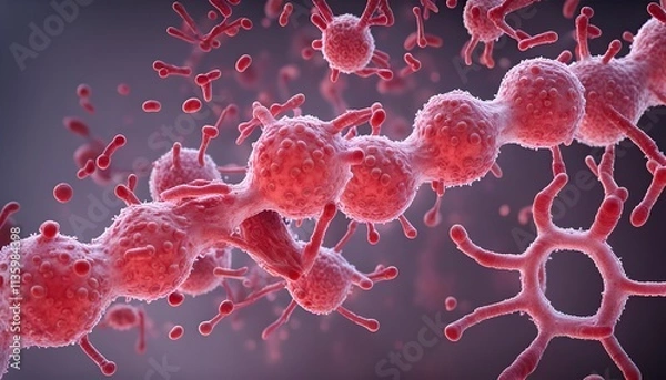 Obraz Microscopic biological structures view of virus like cells or bacteria with elongated branches resembling neurons or molecular connections. The spherical structures orange red blue purple colors