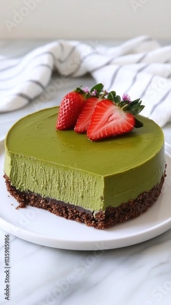 Fototapeta A delicious matcha cheesecake topped with fresh strawberries on a marble surface.