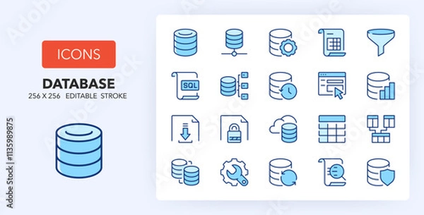Fototapeta Line icons about database and data technology. Contains such icons as server, storage, security and more. 256x256 Pixel Perfect editable in two colors