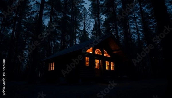Fototapeta A cozy cabin glows warmly against the dark backdrop of a dense forest at night.  The scene evokes a sense of peace and mystery.
