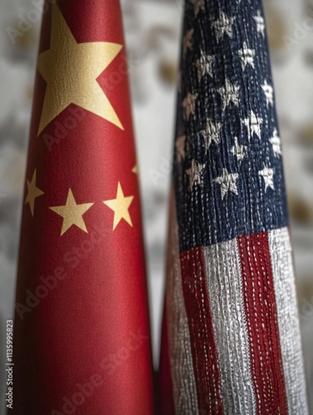 Fototapeta A close-up view of the China and USA flags, symbolizing unity and diplomacy.