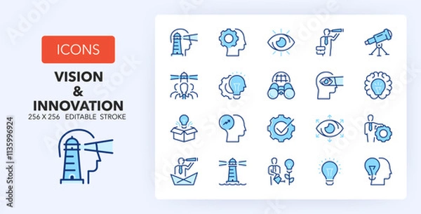 Fototapeta Line icons about vision and innovation, business concepts. Contains such icons as creativity, entrepreneurship, perspective and more. 256x256 Pixel Perfect editable in two colors