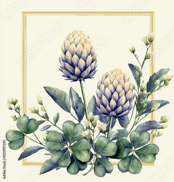 Fototapeta Watercolor herbarium frame with flowers and forest leaf. Art card with clover and leaves. , isolated on white background,  , copy space, copy space for text,