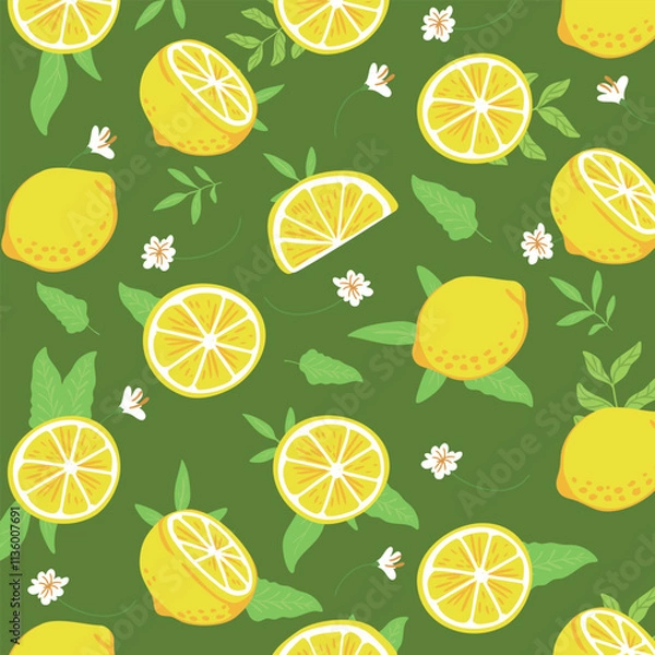 Fototapeta Artistic hand drawn fresh lemon and leaf pattern background illustration 