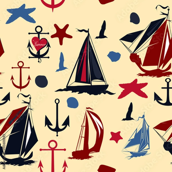 Fototapeta Vintage seamless back with blue ships shells and anchors