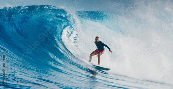 Fototapeta Pro surfer rides big wave in the Maldives
