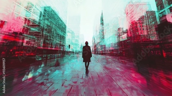 Fototapeta A person walks down a street in a futuristic city. The image is styled with glitch effects.