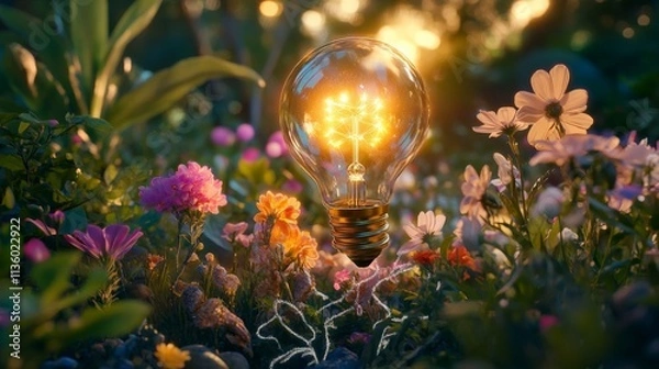 Obraz A glowing light bulb surrounded by colorful flowers in a serene garden setting at sunset