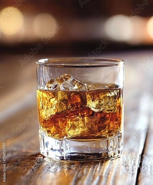Fototapeta Refreshing Glass of Whisky with Ice on a Rustic Wooden Surface : Generative AI