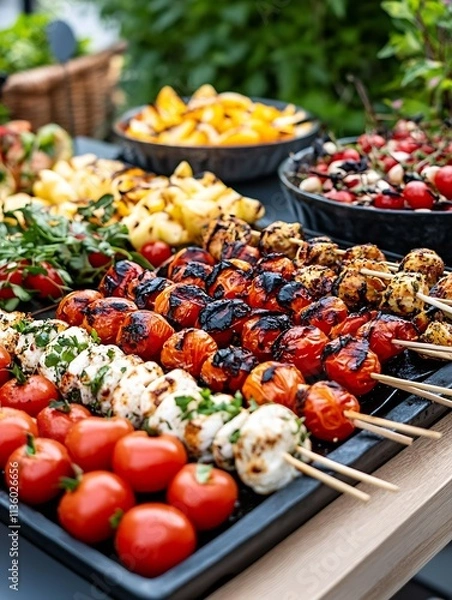 Obraz Colorful grilled skewers with fresh vegetables and herbs displayed on outdoor barbecue buffet table : Generative AI