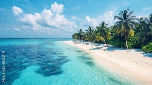 Fototapeta Tranquil Tropical Beach with Palm Trees and Crystal Clear Waters Under Blue Skies : Generative AI