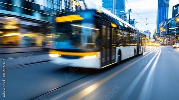 Obraz City Street with Blurred Motion of Electric Bus at Twilight : Generative AI