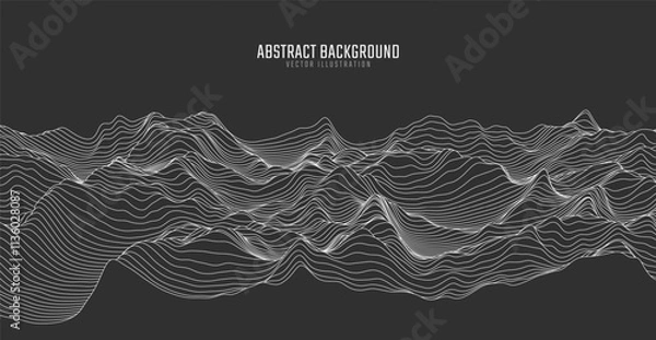 Fototapeta Contour mountain landscape. Waved line art. Abstract minimal topographic map. Contour lines with elevations and terrain depth. Vector illustration.