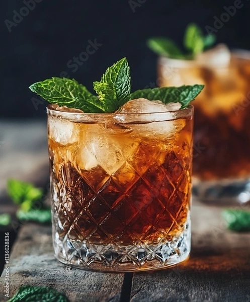 Fototapeta Classic Refreshing Mint Julep Cocktail with Ice in a Crystal Glass on a Wooden Rustic Table at a Bar : Generative AI