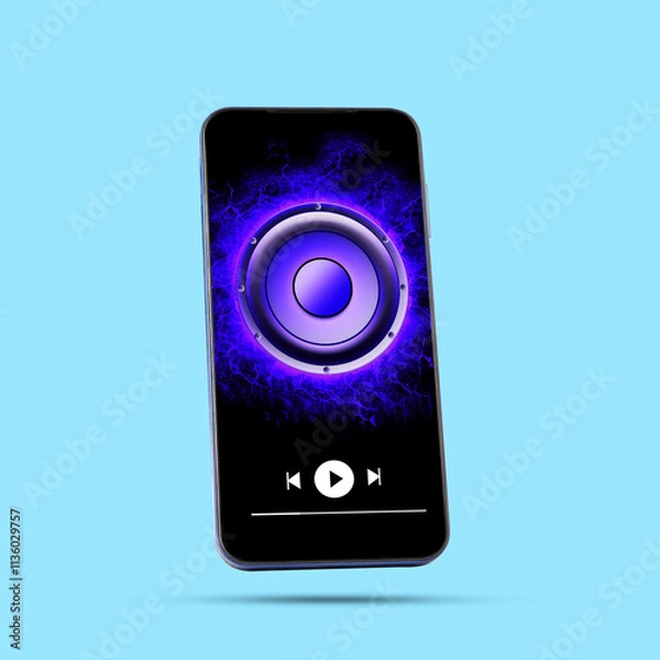 Fototapeta Audio player concept. Speaker on a smartphone screen, on a blue background. Isolated. Music.