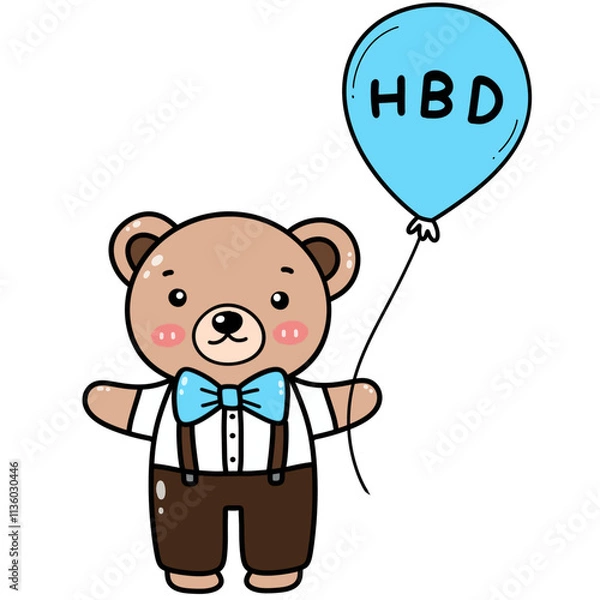 Obraz A drawing of a little bear standing and holding a blue balloon. hand painted