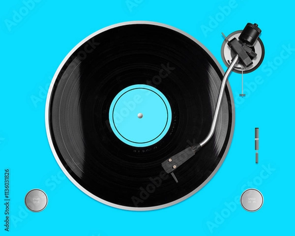 Obraz Vinyl Record player, blue background. Top view. Musical