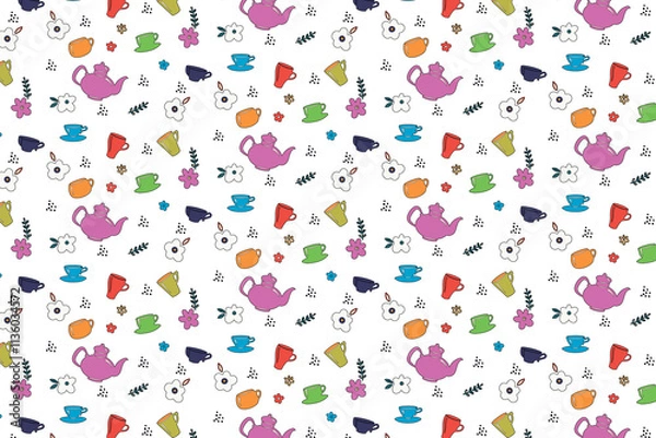 Fototapeta Seamless pattern. Children's drawing. Cups, teapot, kitchen. Background. Illustration. Flyer background design, advertising background, fabric, clothes, texture, textile pattern