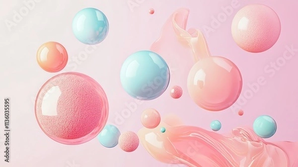 Fototapeta Abstract 3D render of pastel colored orbs and a swirl of pink liquid.