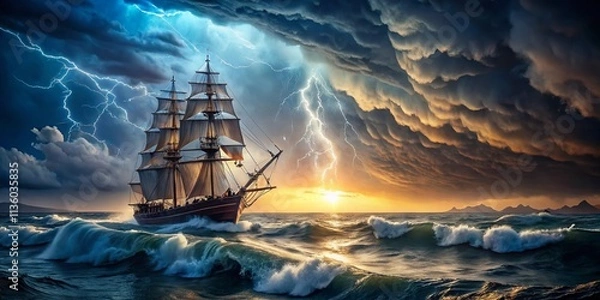 Fototapeta Aerial View of an Old Clipper Ship Battling Stormy Seas with Lightning Striking the Sky, Capturing the Raw Power of Nature and Maritime Adventure in Stunning 4K Resolution