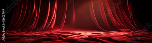 Obraz Dramatic red curtain falling on dimly lit stage