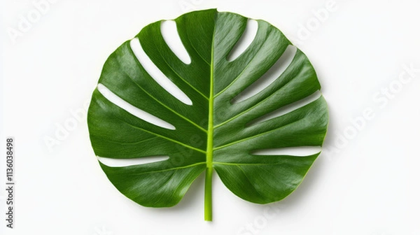 Fototapeta Tropical Leaf: A lush, vibrant Monstera leaf, with its signature holes and intricate veins, stands out against a clean, minimalist backdrop. The perfect symbol of nature's beauty and sophistication. 