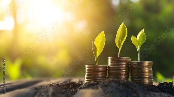 Obraz Growing Seedlings on Coin Stacks Symbolizing Financial Growth : Generative AI