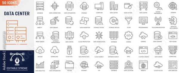 Fototapeta Data Center Line Editable Stroke Icons set. Containing to server, hosting, technical support, and more. Vector Illustration