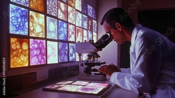 Fototapeta Anatomic pathology lab: tissue samples on slides, pathologist looking through a microscope, stained images displayed on screen