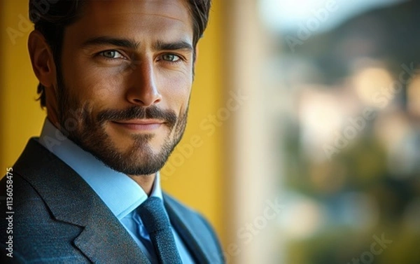 Fototapeta Confident businessman with a suit and a smile in a office background, He looking at the camera