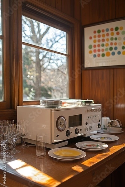 Obraz Vintage Radio Plays Near Sunny Window With Dishes
