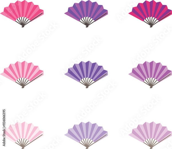 Obraz さまざまな濃淡の9種類の扇子、扇面はピンクと紫で、扇骨は茶色