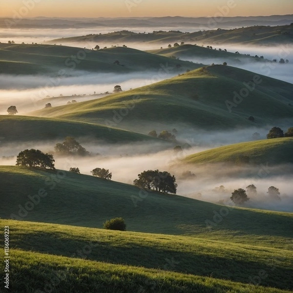 Obraz Rolling hills covered in morning fog.