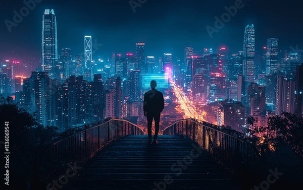 Fototapeta Person on stairs in a modern city, interacting with a cyber security interface, neonlit skyline at night, digital protection concepts