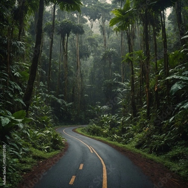 Obraz A winding road through a dense rainforest.