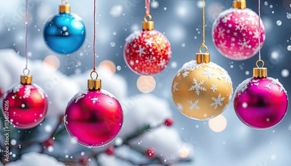 Fototapeta Colorful Christmas Ornaments Floating in Mid-Air with Soft Snow Gently Falling Around. Free Christmas Background. Chrismas Wallpaper. Cool Wallpaper 4k