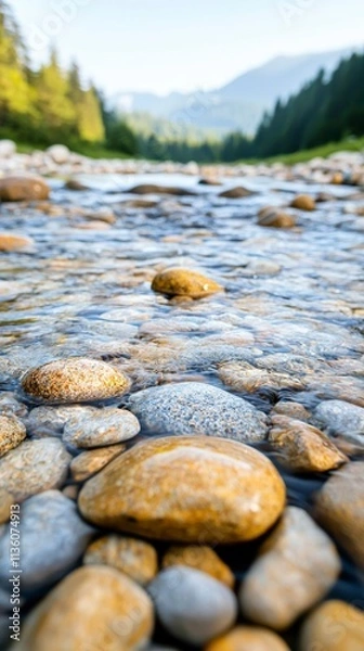 Fototapeta Tranquil River Landscape with Smooth Pebbles and Calm Water Flowing Through Lush Green Forested Mountains Under a Clear Blue Sky