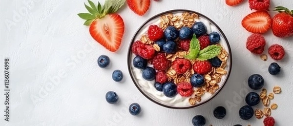 Fototapeta Delicious Yogurt Parfait with Berries, Granola, and Strawberries