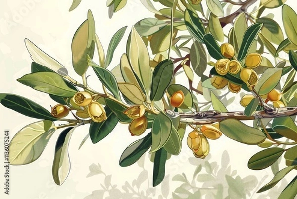 Fototapeta Botanical Illustration of Jojoba Plant with Green Leaves and Fruits on Branch for Natural Skincare Products. Generative AI