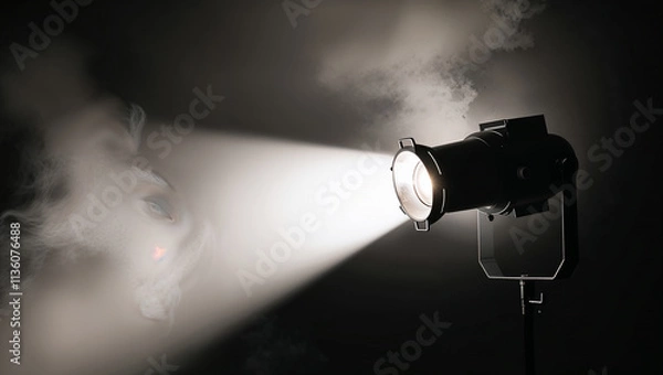 Fototapeta Powerful stage spotlight illuminating smoke in dark studio