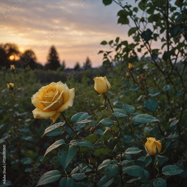 Fototapeta A serene image of a yellow rose growing in a quiet garden at dusk.
