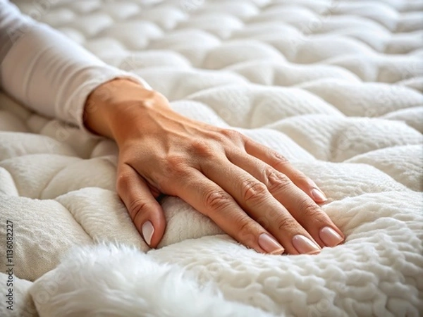 Obraz Closeup of a Hand Resting on a Fluffy White Mattress, Capturing the Softness and Comfort of Luxurious Bedding in Portrait Photography Style