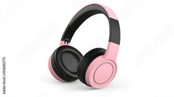 Fototapeta Headphones for listen music, dj audio headset isolated on white background. Vector realistic set of 3d black pink stereo earphones, accessory with sound speakers in front view