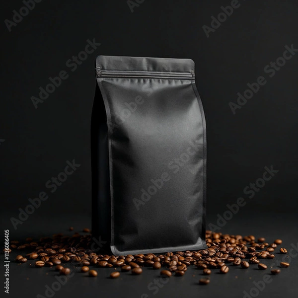 Fototapeta A coffee concept prepared for mockup, with a matte black coffee package and coffee beans on dark background	