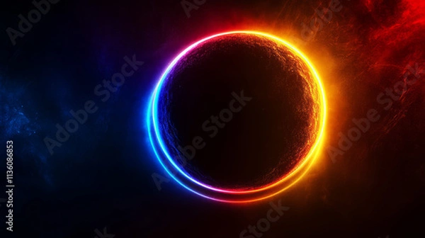 Fototapeta Realistic set of color solar eclipse effects isolated on black background. Vector illustration of neon blue, yellow, red arch and circular lines glaring on night sky. Dark planet with blazing edge