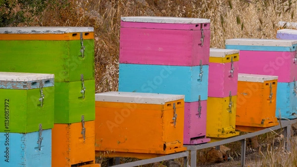 Obraz Row of colorful beehives in Greece.