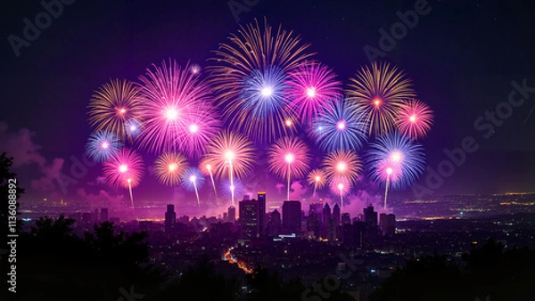 Fototapeta Welcome the New Year with breathtaking fireworks! Explosions of vivid colors illuminate the night sky, casting a magical glow over a cityscape. Celebrate new beginnings in a stunning visual spectacle.