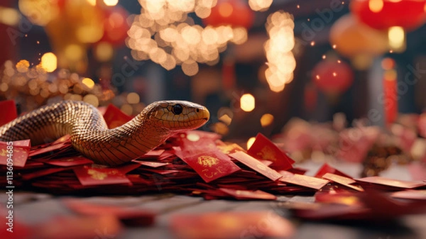 Obraz chinese new year dynamic golden snake peeking out from heap of red envelopes, symbolizing prosperity and good fortune during celebrations
