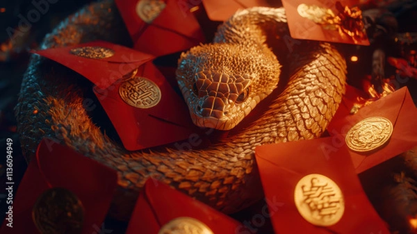 Obraz chinese new year golden snake coiling gracefully among red envelopes and gold coins, symbolizing prosperity and fortune. scene radiates mystical and festive atmosphere