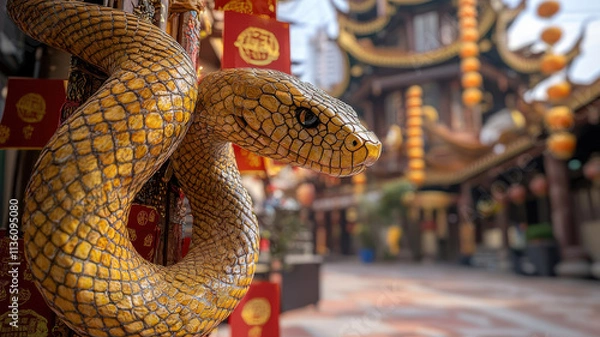 Obraz chinese new year shining golden snake coiling gracefully around decorative post in vibrant setting. intricate details and festive atmosphere create captivating scene